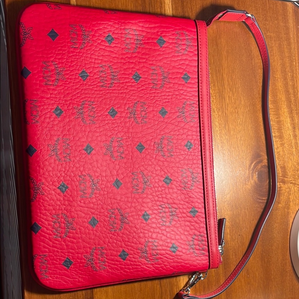 MCM Red Leather Wristlet with Black Accents